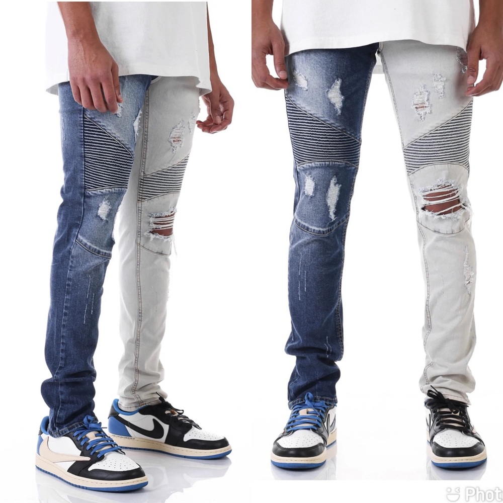 KDNK Pintuck Contrast Moto Two Toned Blue Jeans